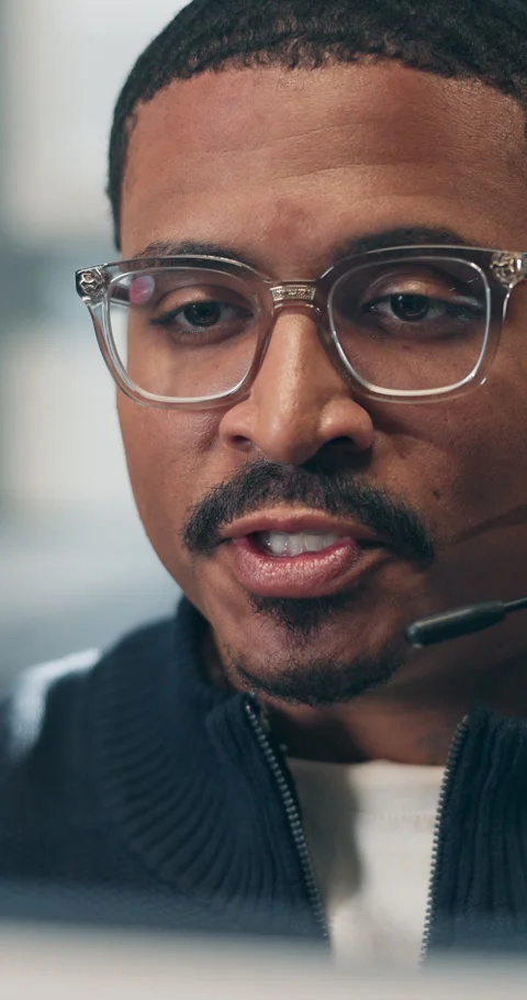 Talking, call center and man in workplace for customer support, computer and Stock Footage 342833820