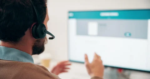 Talking, call center or man with computer screen for technical support, virtual Video stock 335923105