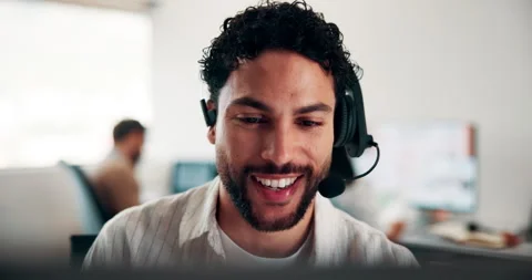 Talking, call center or man with computer for technical support, coworking and Stock Footage 335924979