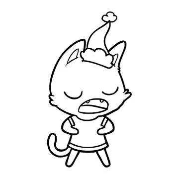 Talking cat line drawing of a wearing santa hat Illustrazione stock