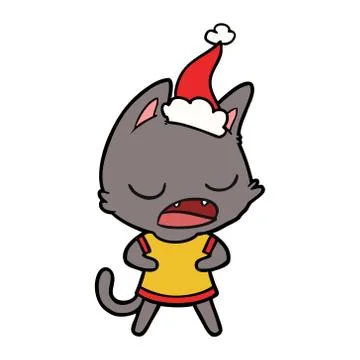 Talking cat line drawing of a wearing santa hat Illustrazione stock