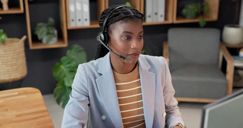 Talking, computer and woman in call center, help desk and customer service Stock Footage 342333096