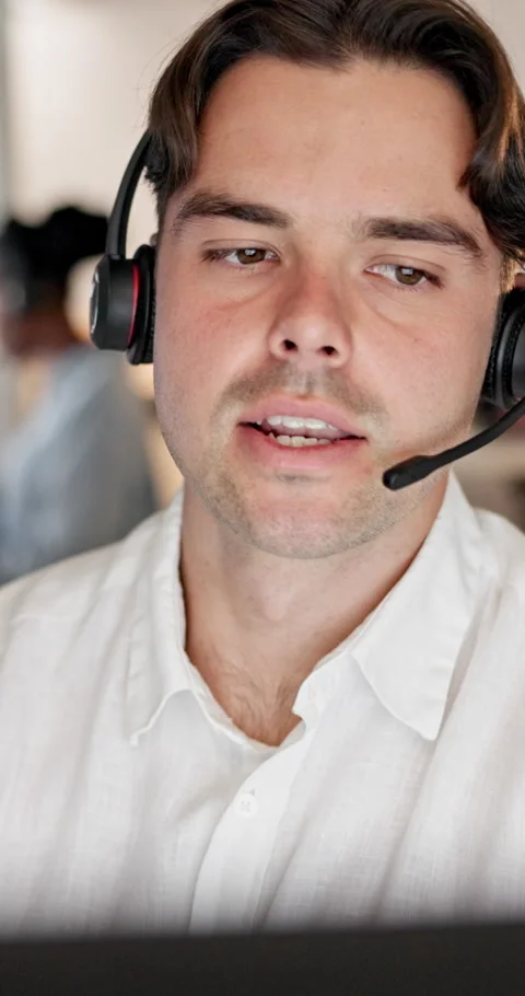 Talking, computer or man with headset in call center, telemarketing or pitch for Stock Footage 335808002