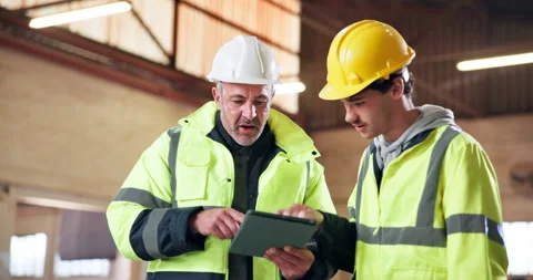 Talking, construction and men on tablet for planning, online inventory and Video stock 338051759