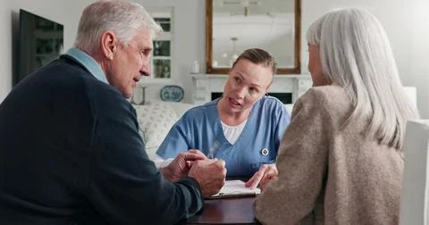 Talking, documents and nurse with senior couple for health insurance, medical Stock Photos