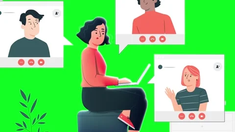 Talking with Friends on a Group Video Call - Animated Scene Green Screen Stock Footage 301590989