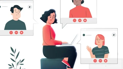 Talking with Friends on a Group Video Call - Animated Scene Stock Footage 301591053