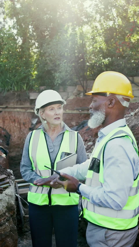 Talking, group and contractor at construction site, development preparation or Stock Footage 340450442
