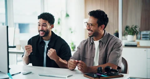 Talking, handshake or men with computer in office, software development or Stock Footage 329368421