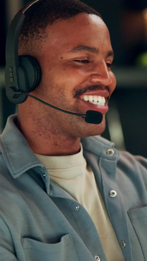 Talking, happy and man with headset for customer support, contact us and virtual Stock Footage 340824035