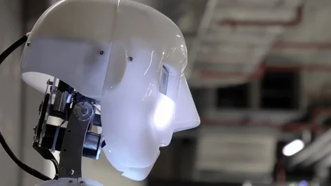 Talking humanoid android robot head. Stock Footage 126127924