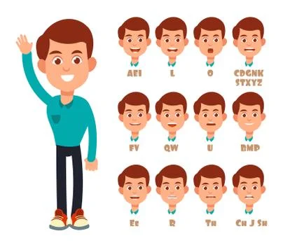 Talking lips sync animation. Cartoon vector speaking mouth and boy portrait Illustration