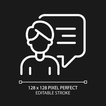 Talking man with chat bubble pixel perfect white linear icon for dark theme Ilustração Stock