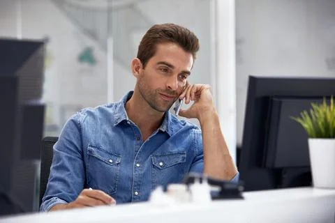 Talking, office and man on computer for phone call, financial advisor and i.. Stock Photos