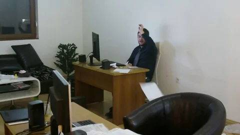 Talking in Office Working Online Arguing Trowing Angry Reaction Stock Footage 71381620