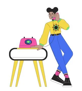 Talking on old fashioned telephone line cartoon flat illustration Stock Illustration