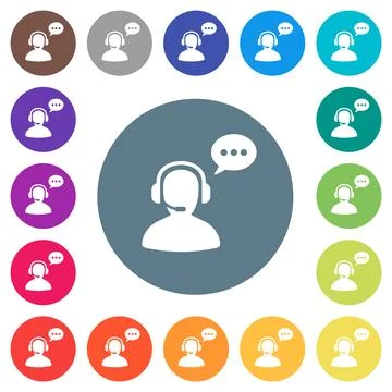 Talking operator active solid flat white icons on round color backgrounds Illustrazione stock