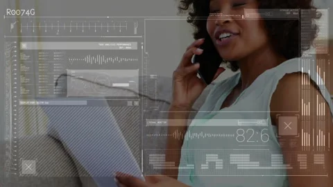 Talking on phone and reading document, woman with data processing animation over Stock Footage 306340468