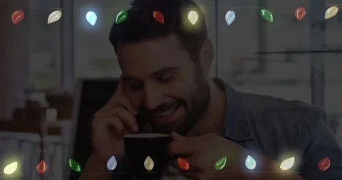 Talking on phone, man drinking coffee with animation of leaf pattern Stock Footage 304080018