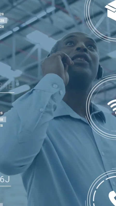 Talking on phone, man surrounded by logistics and data processing animation Stock Footage 342954325