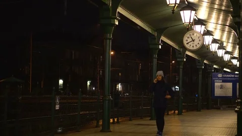 Talking on the phone while waiting at the railway station Stock Footage 81418112