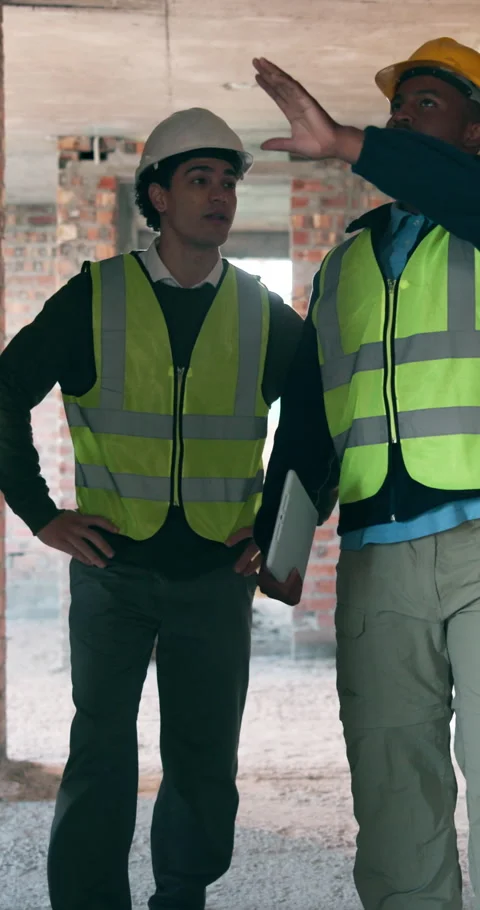 Talking, planning and men in building for construction, remodeling and Stock Footage 340905074