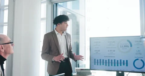 Talking, presentation and man in meeting, financial agency and graphs for Stock Footage 335900118