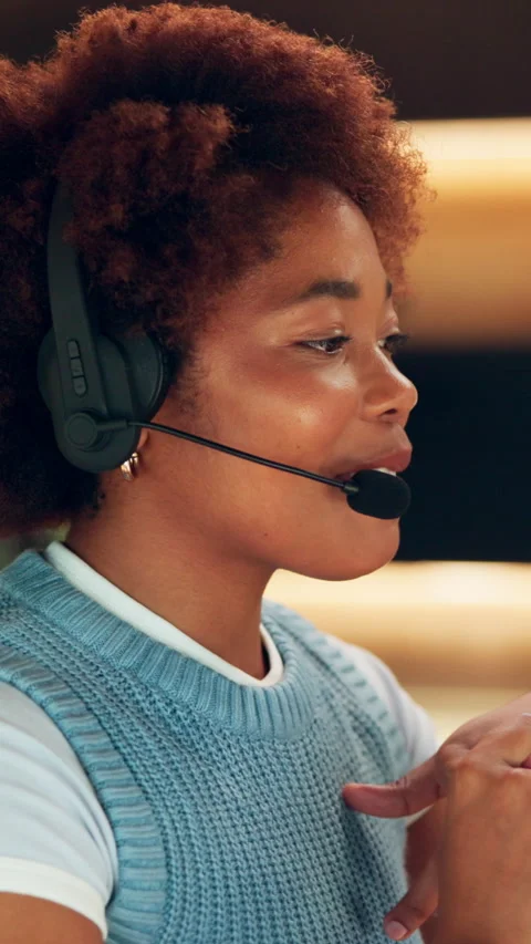 Talking, remote work and woman with mic for customer support, contact us and Stock Footage 340779027