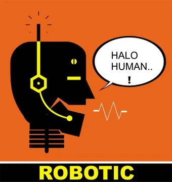 Talking robot, robot head icon in flat with the bulb. Stock Illustration