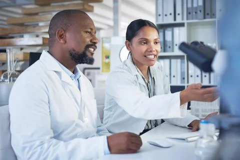 Talking, scientist and people with computer in lab, mentor and help with me.. Stock Photos