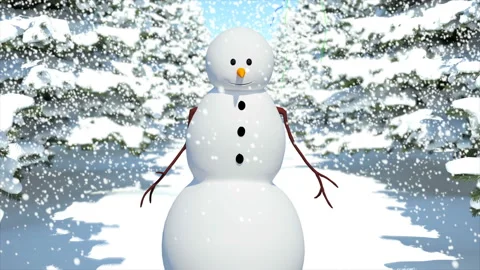 A talking snowman is walking through the winter fir forest in snow Video stock 119255702