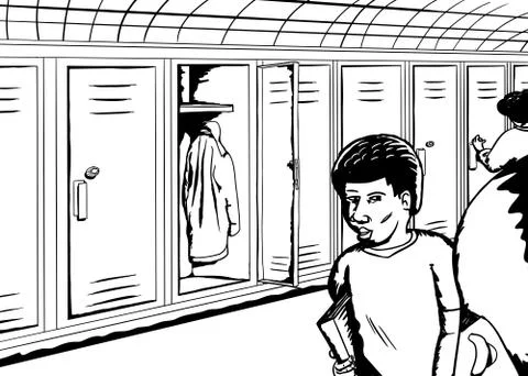 Talking Students Near Open Locker Stock Illustration