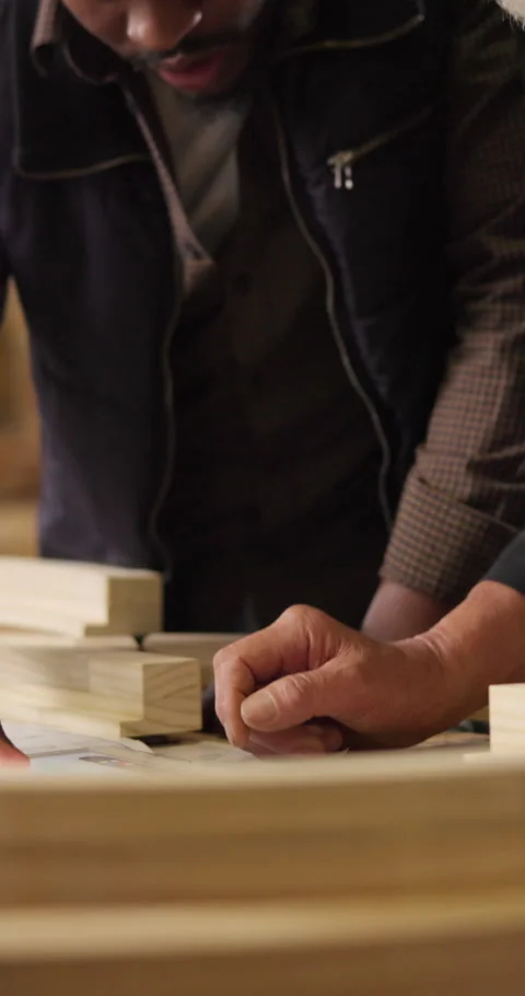 Talking, tablet and men in workshop for carpentry, woodworking and construction Stock Footage 340960262
