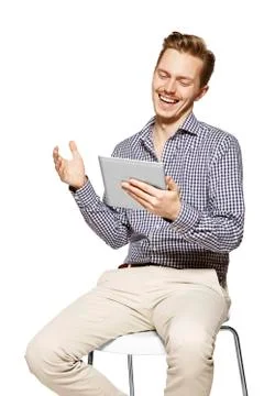 Talking to tablet Stock Photos