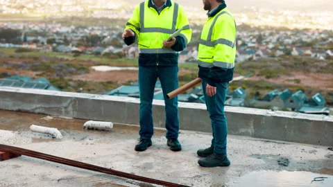 Talking, team or architect with pointing at construction site, infrastructure Stock Footage 336261683