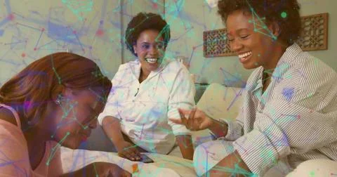 Talking three women in button, white, pink tops sitting at home with phone, p Stock Photos