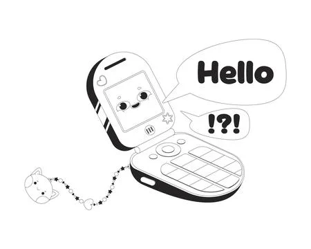 Talking Y2K flip phone with speech bubbles 2D line object Stock Illustration