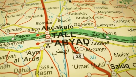 To Tall Abyad, Syria – road network visualization on a physical atlas map Stock Footage 345784530
