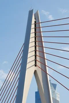 Tall angular cable?stayed bridge pylon with radiating red stay cables Stock Photos