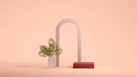 Tall arc on the orange background with small plant. Natural showcase. 3d 库存插图