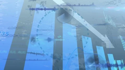 Tall blue bars responding to data update, revealing downward arrow, dial showing Stock Footage 332591865