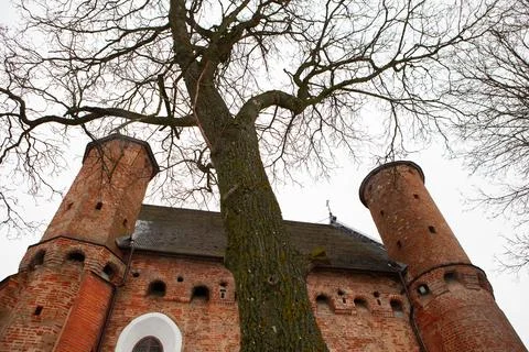Tall brick building features two towers and is surrounded by bare branches on Stock Photos