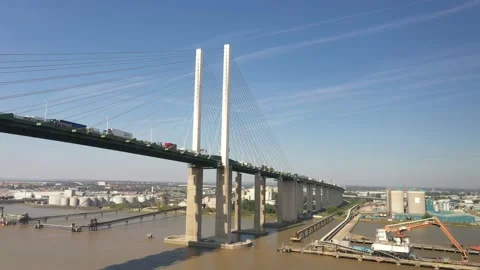Tall bridge and elevated highway, cars and trucks stuck in traffic jam Stock Footage 161144090