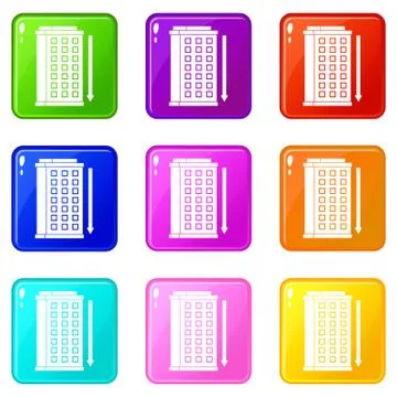 Tall building and down arrow icons 9 set Ilustración de archivo