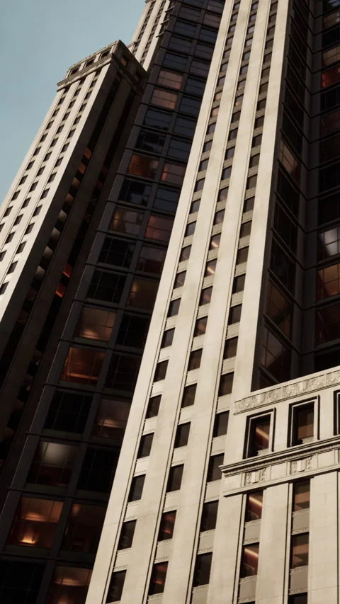 Tall building structure with windows and light at dusk in a city Stock Footage 339104628