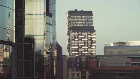 Tall Buildings Background From Inside Reflection Shaded City Urban Windows Vídeo Stock 127614783