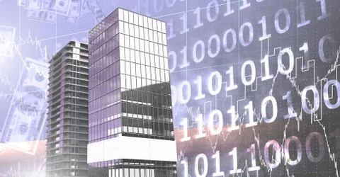 Tall buildings with binary code scales background 스톡 사진