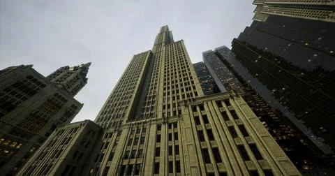 Tall buildings create a skyline view in a bustling city at dusk in October Ilustración de archivo