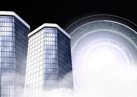 Tall buildings with sci-fi circle glowing Stock Photos