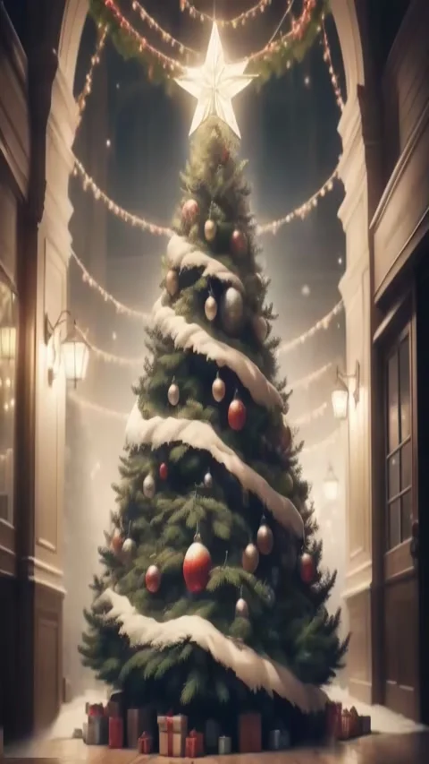 A tall Christmas tree decorated with chains, baubles and a shining star fal.. Stock Footage 255893849